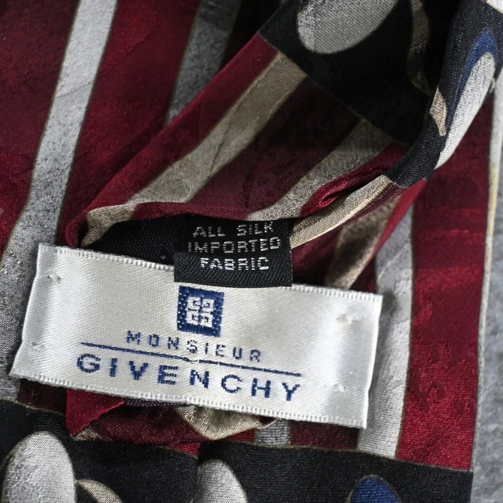 Monsieur Givenchy Mens Vintage Geometric Striped Silk Necktie OS Red Silver Gold